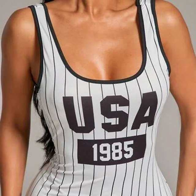 Shein Sexigt Randigt Brevtryck För Kvinnor Ärmlös Bodycon Miniklänning - Svart/Vitt