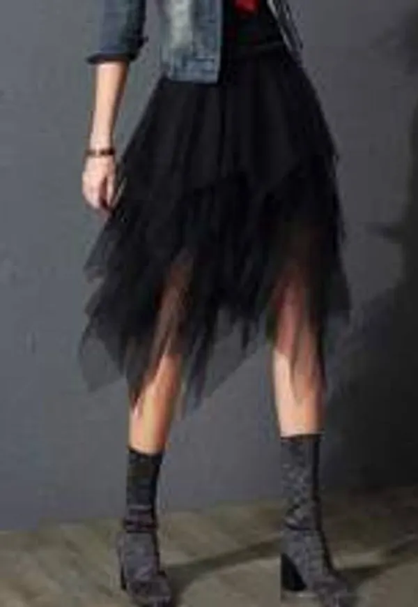 Shein Solid Asymmetrical Hem Mesh Overlay Skirt