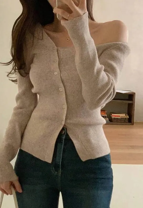 Shein Solid Button Through Ribbed Knit Cardigan