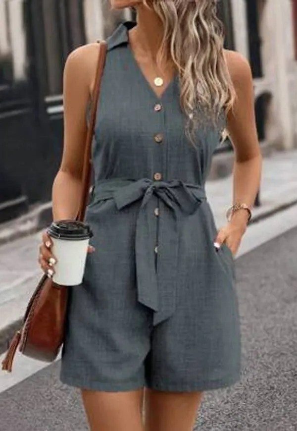 Shein Sommar Casual Enfärgad Ärmlös Jumpsuit - Mörkgrå