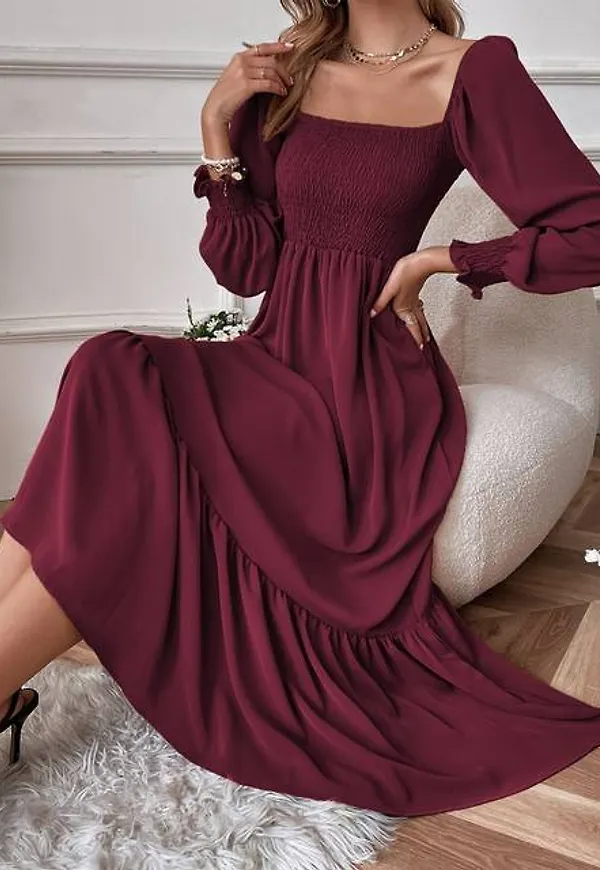 Shein Square Neck Shirred Ruffle Hem Dress