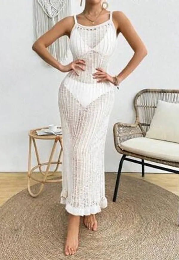 Shein Stickad Spaghetti Strap Maxiklänning - Vitt