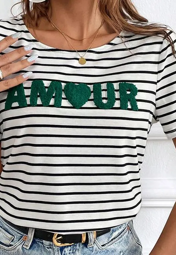 Shein Striped & Letter Graphic Tee