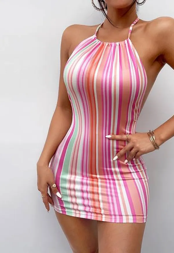 Shein Striped Backless Halter Bodycon Dress