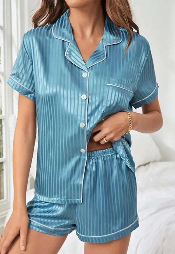 Shein Striped Jacquard Contrast Piping PJ Set