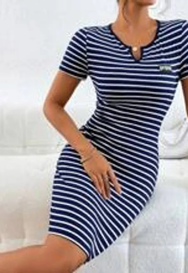 Shein Striped Print Notched Neckline Bodycon Dress