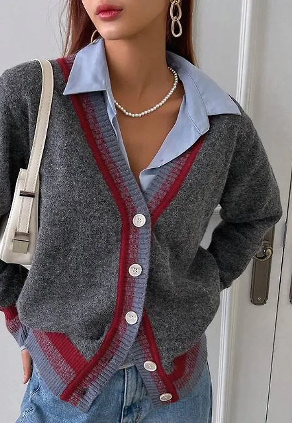 Shein Striped Trim Button Front Cardigan