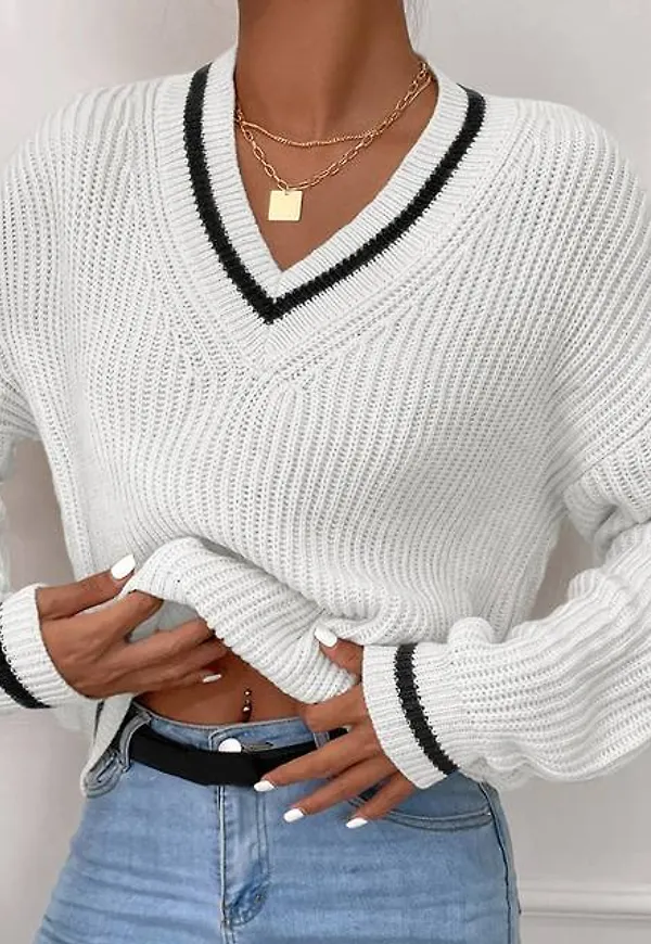 Shein Striped Trim Drop Shoulder Sweater
