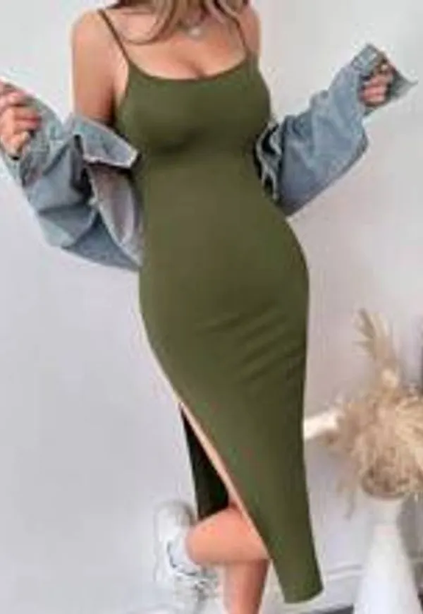 Shein Summer Casual Solid Color Side Slit Bodycon Strappy Dress