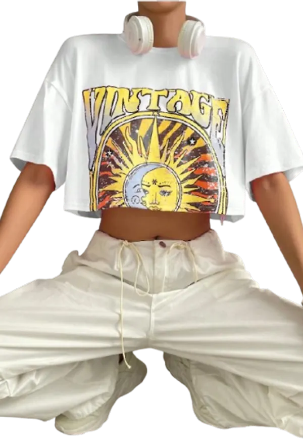 Shein Sun Letter Graphic Drop Shoulder Crop Tee