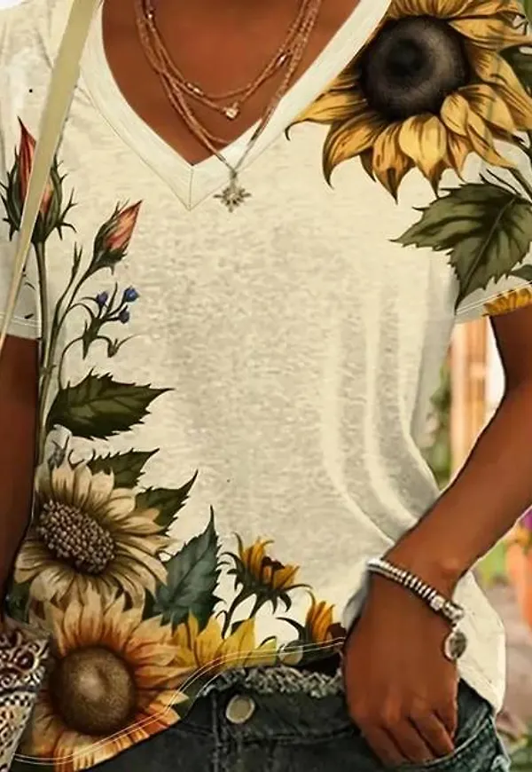 Shein Sunflower Print V Neck Tee