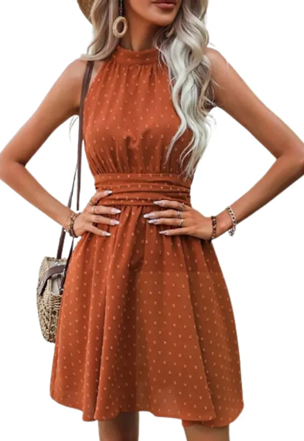 Shein Swiss Dot Keyhole Back Halter Neck Dress -