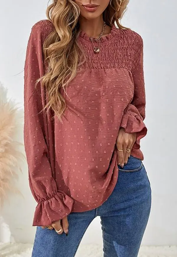 Shein Swiss Dot Shirred Flounce Sleeve Blouse
