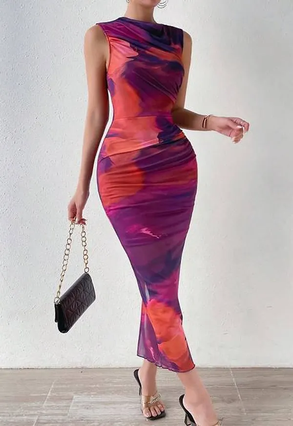Shein Tie Dye Mock Neck Mesh Bodycon Dress