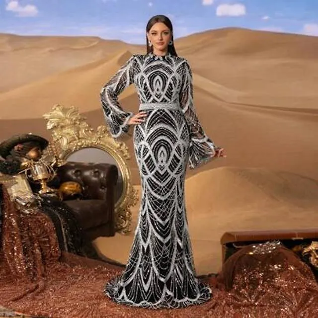 Shein Underbara Stativkrage Utsvängda Ärmar Sjöjungfrufåll Pärlformiga Högtidliga Klänningar - Svart/Vitt