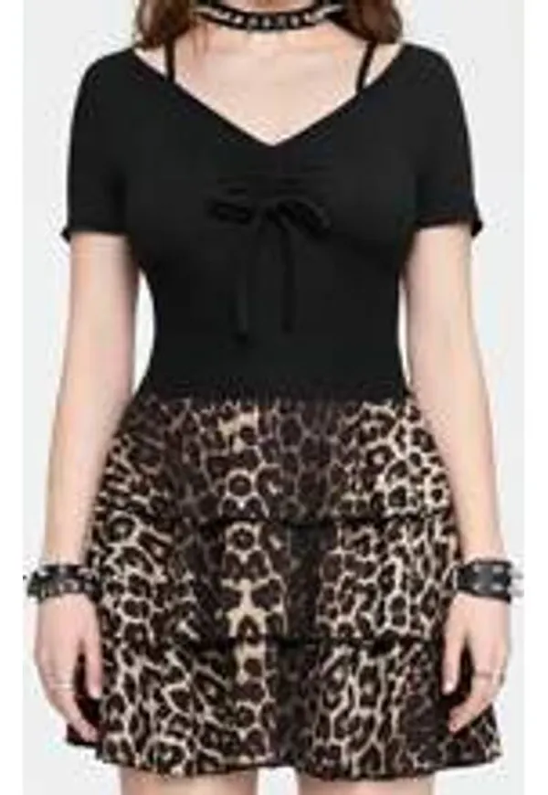 Shein V-Neck Leopard Print Patchwork Layered Hem Women's Dress