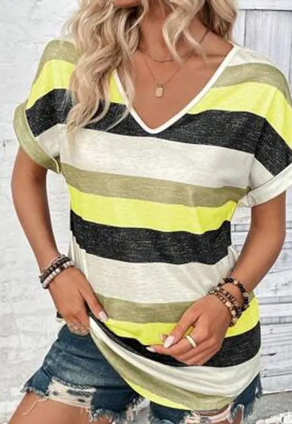 Shein V-ringad Batwing Kortärmad Casual Lös T-shirt - Multifärgad