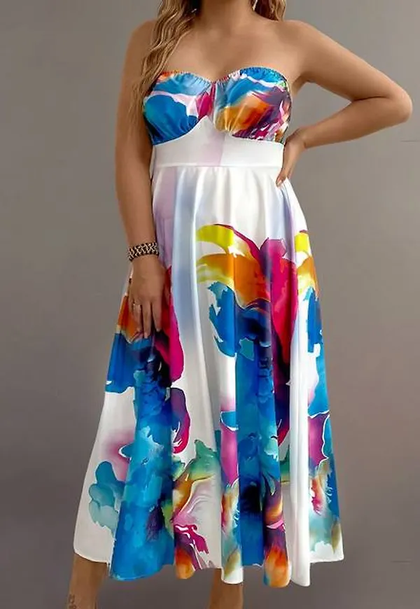 Shein Women Plus Colorful Printed Strapless Maxi Dress