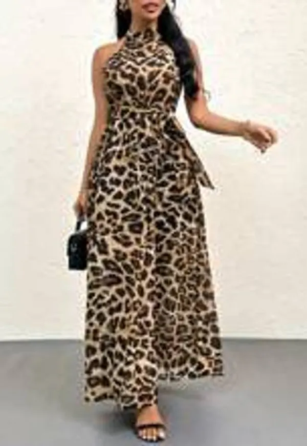 Shein Women's Elegant Leopard Print Slit A-Line Halter Dress For Summer Vacation