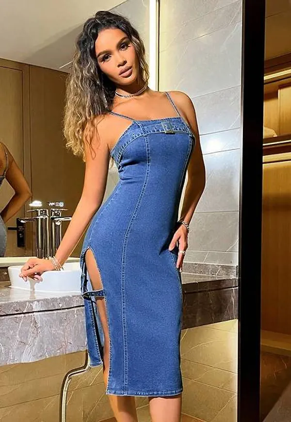 Shein Women's High Slit Buckle Design Denim Dress With Spaghetti Straps