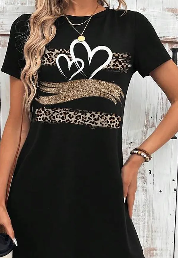 Shein Women'S Leopard Print & Heart Pattern Printed Dress
