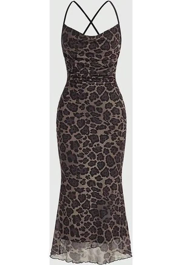 Shein Women'S Leopard Print Draped Collar Asymmetrical Dress