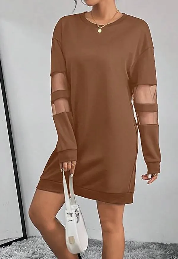Shein Women'S Mesh Insert Long Sleeve Dress
