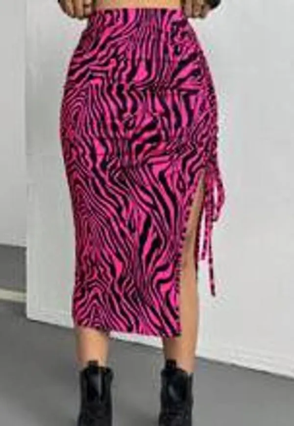 Shein Women's Pleated All-Over Allover Print Drawstring Slit Mid-Thigh Skirt For Summer