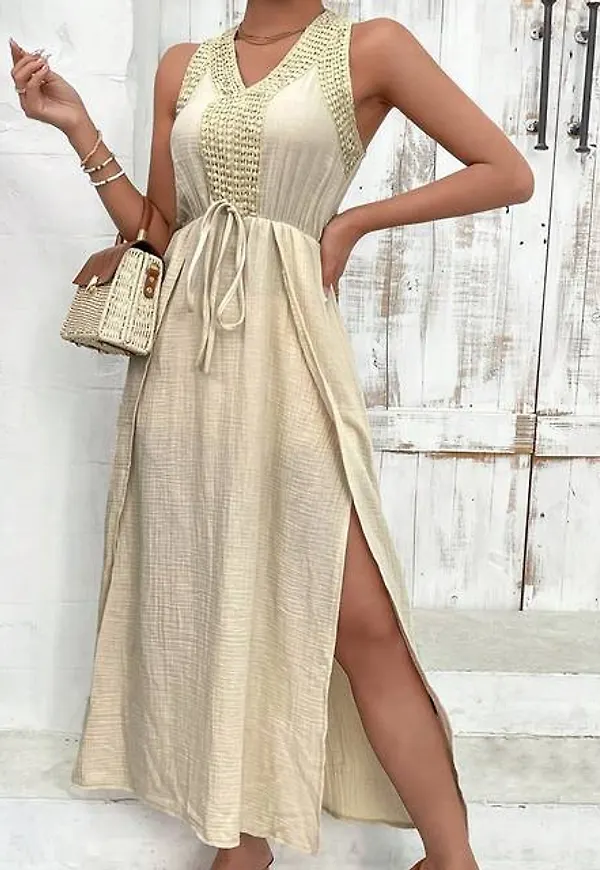 Shein Women's Solid Color Lace Patchwork High Slit Dress