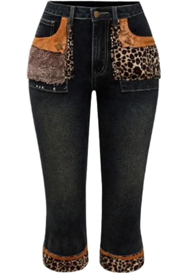 Shein YK Style LowWaisted Vintage Leopard Print Faux Fur Patchwork Denim Pants