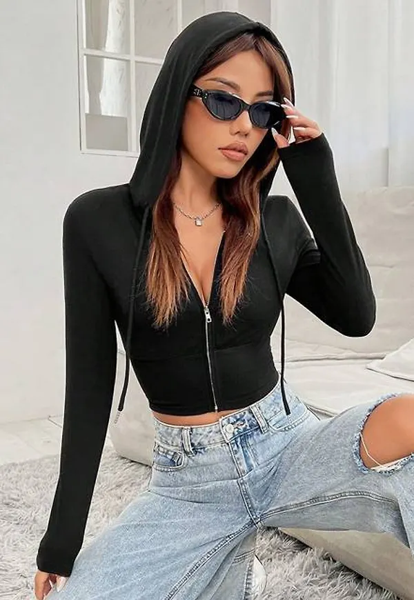 Shein Zip Up Drawstring Crop Hoodie