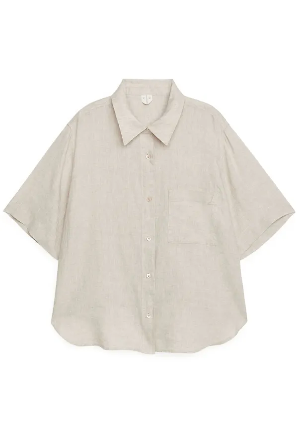 Short-Sleeved Linen Shirt - Beige