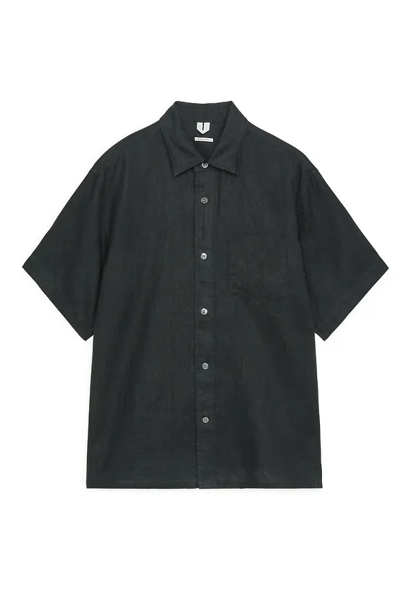 Short-Sleeved Linen Shirt - Black