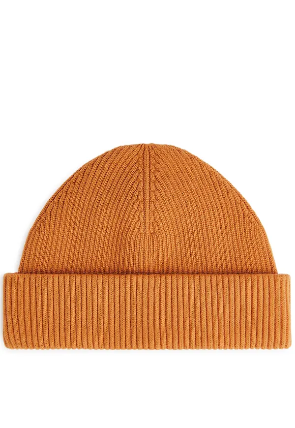 Short Ribbed Cotton Beanie - Orange