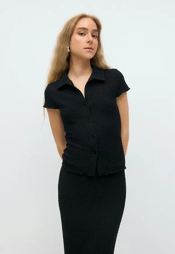 Gina Tricot - Short sleeve buttoned top - toppar - Svart - XS - Dam