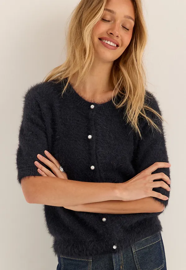 Short Sleeve Fluffy Knitted Cardigan