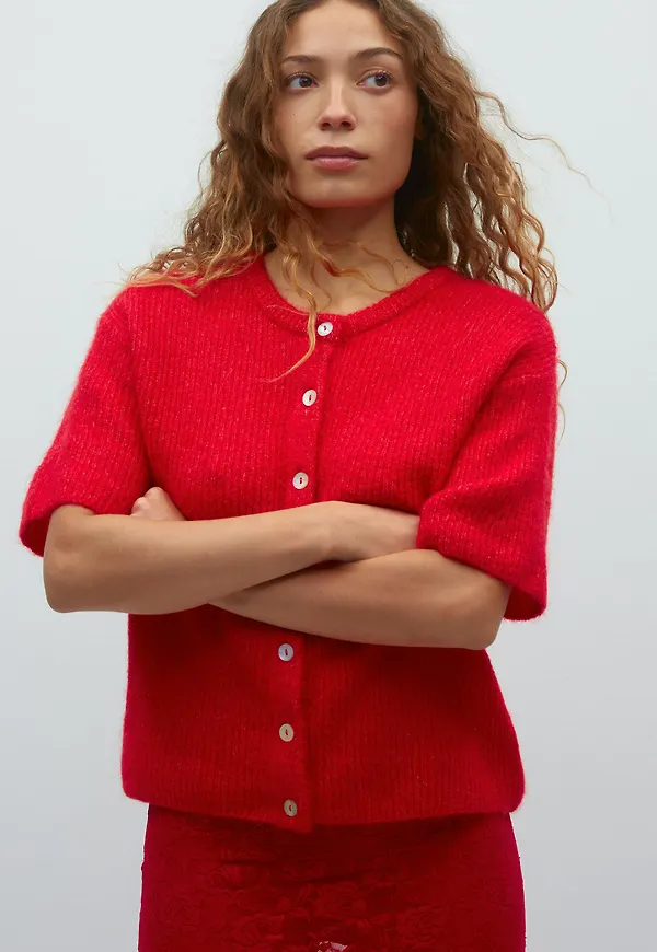 Gina Tricot - Short sleeve knitted cardigan - koftor & cardigans - Röd - XS - Dam