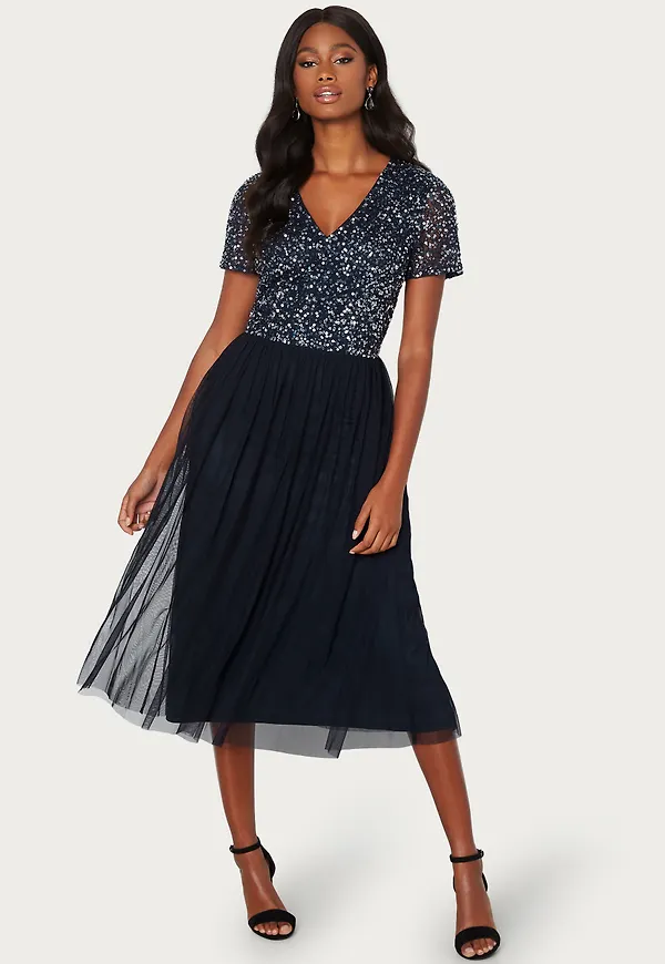 Short Sleeve Sequin Embellished Midi Dress