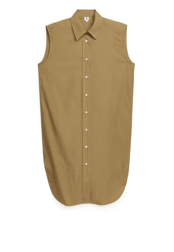 Sleeveless Shirt Dress - Beige
