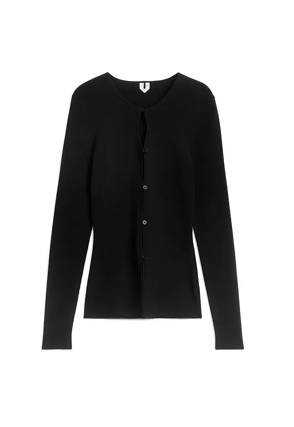 Slim-Fit Ribbed Cardigan - Black
