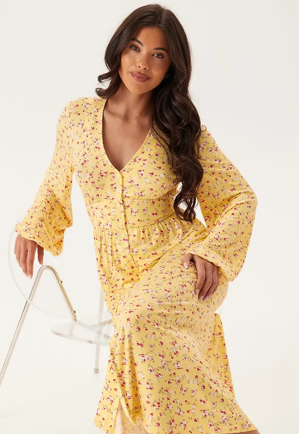 Soft Midi Button Volume Sleeve Dress
