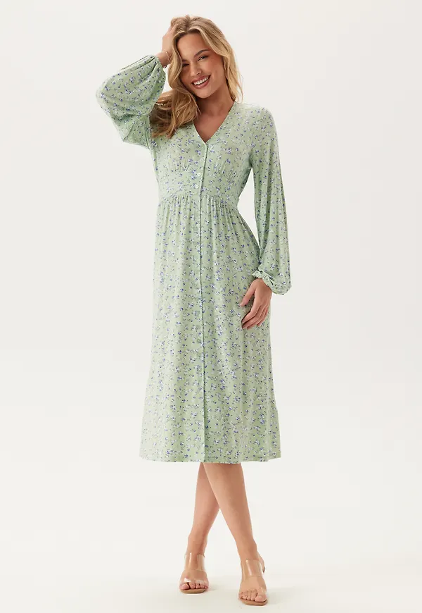 Soft Midi Button Volume Sleeve Dress