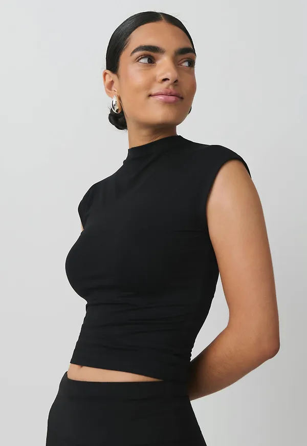 Soft touch funnel neck top