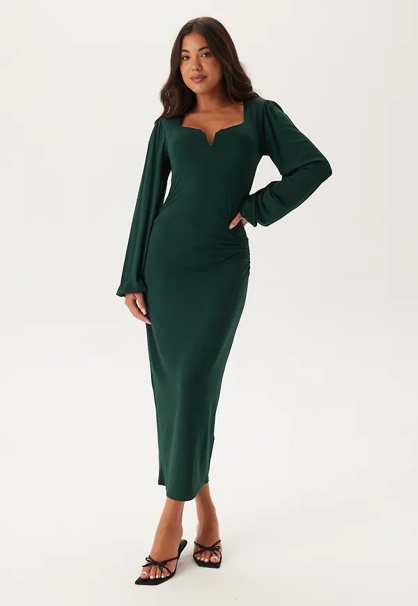 Square V-neck puff sleeve midi dress