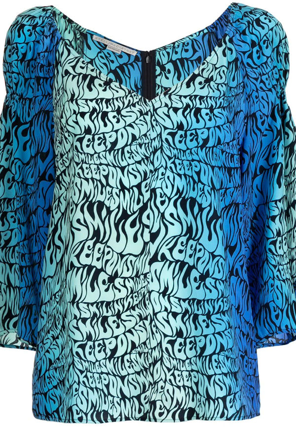 Stella McCartney v-ringad sidenblus med slogan - Blå