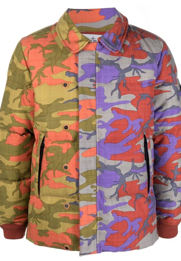Stone Island kamouflagemönstrad vadderad jacka med färgblock - Grå