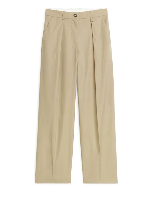 Straight-Cut Poplin Trousers - Beige