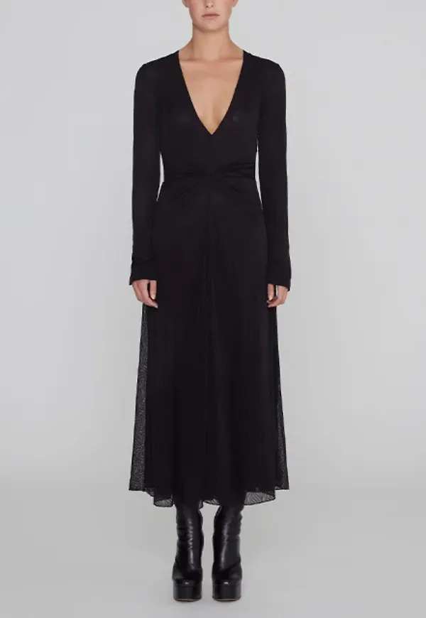 Stretch Lace V-neck Midi Dress Black