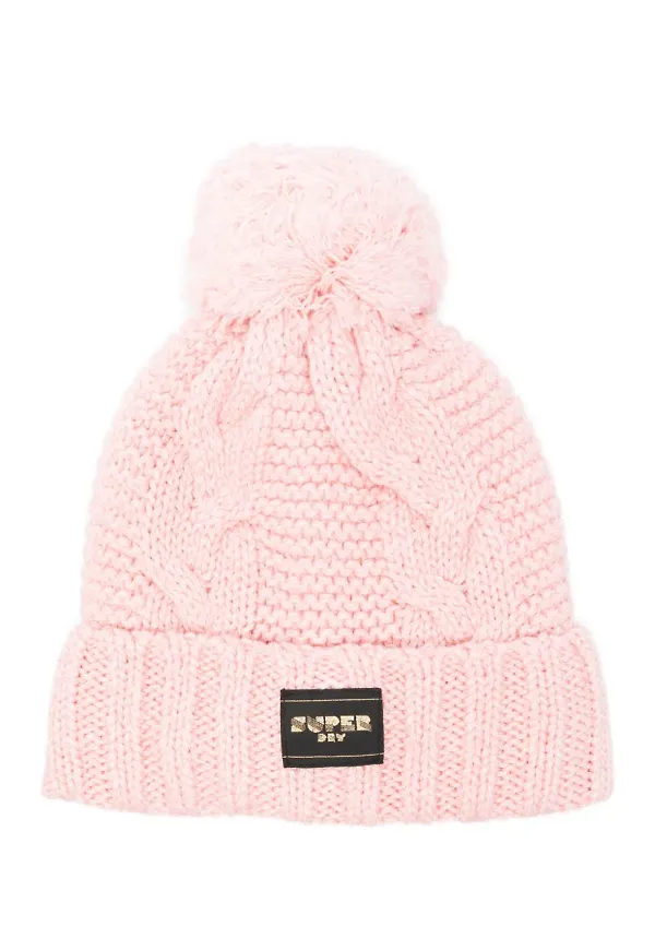 Superdry kabelstickad mössa med tofs - Rosa