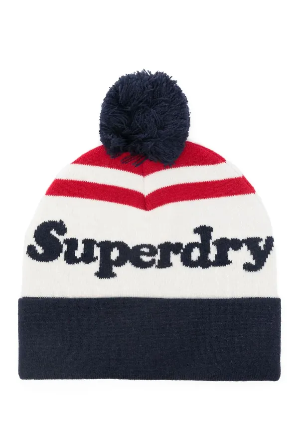 Superdry randig mössa med bolldetalj - Vit